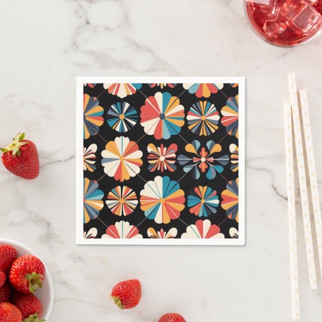 Retro Black Rainbow geometric Flowers Pattern  Napkin (Insitu)