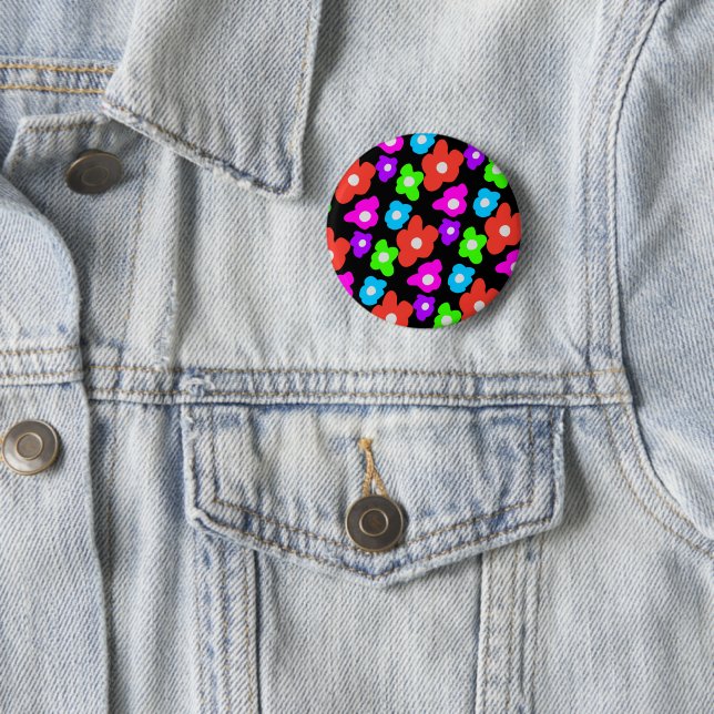 Retro Black Rainbow pride colour Flowers Pattern 2 Inch Round Button (In Situ)