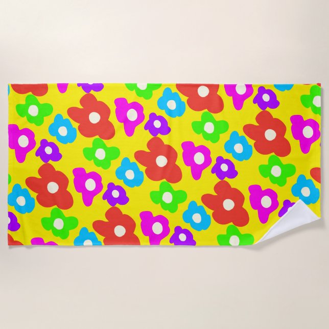 Retro Black Rainbow pride colour Flowers Pattern Beach Towel (Front)