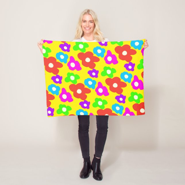 Retro Black Rainbow pride colour Flowers Pattern Fleece Blanket (In Situ)