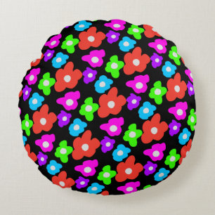 Retro Black Rainbow pride colour Flowers Pattern Round Pillow