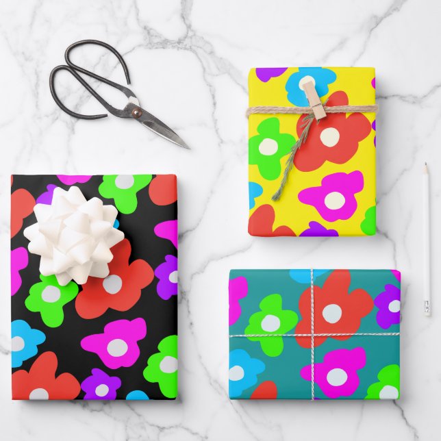 Retro Black Rainbow pride colour Flowers Pattern Wrapping Paper Sheet (Front)
