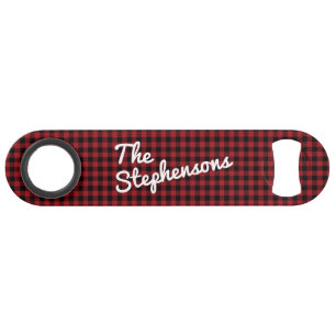 Retro Black Red Buffalo Check Plaid Personalized Bar Key