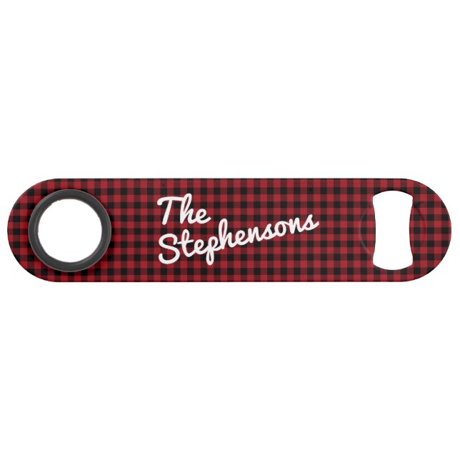 Retro Black Red Buffalo Check Plaid Personalized Bar Key (Front (Horizontal))
