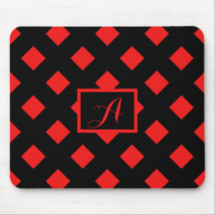 Retro Black & Red Diamond Pattern Monogram Mouse Pad
