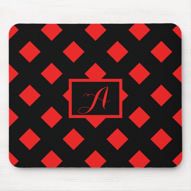 Retro Black & Red Diamond Pattern Monogram Mouse Pad (Front)