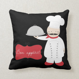 Retro Black Red & White Chef Bon Appetit! Throw Pillow