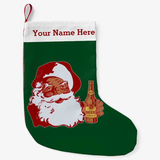 Retro Black Santa Claus Beer Funny Christmas Name Small Christmas Stocking (Front)