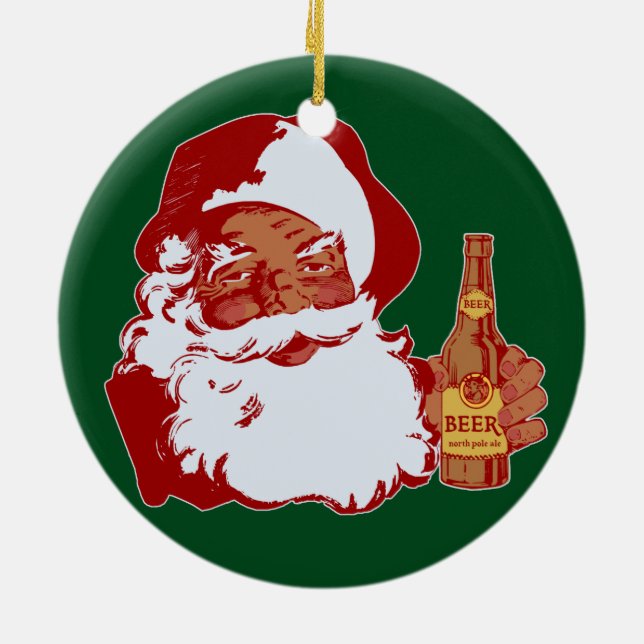 Retro Black Santa Claus with Beer Christmas Funny Ceramic Ornament (Back)