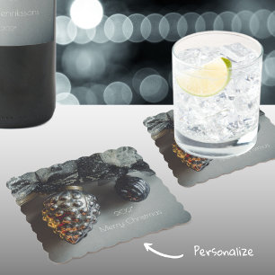 Retro Black Silver Christmas Ornaments with Ribbon Paper Coaster