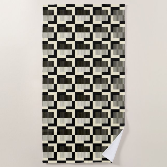 Retro Black & Tan Pattern Beach Towel (Front)