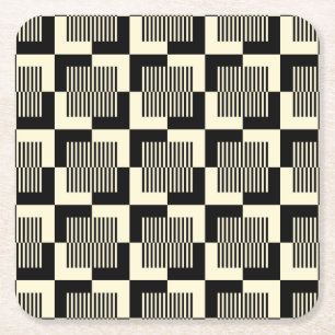 Retro Black & Tan Pattern Square Paper Coaster