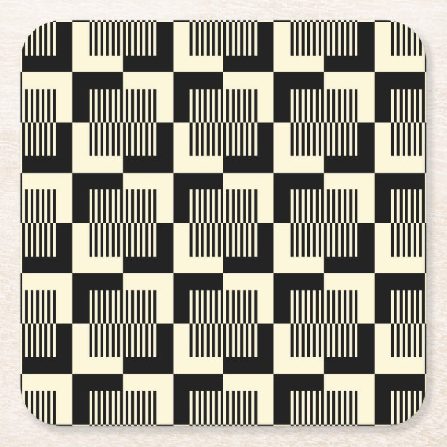 Retro Black & Tan Pattern Square Paper Coaster (Front)