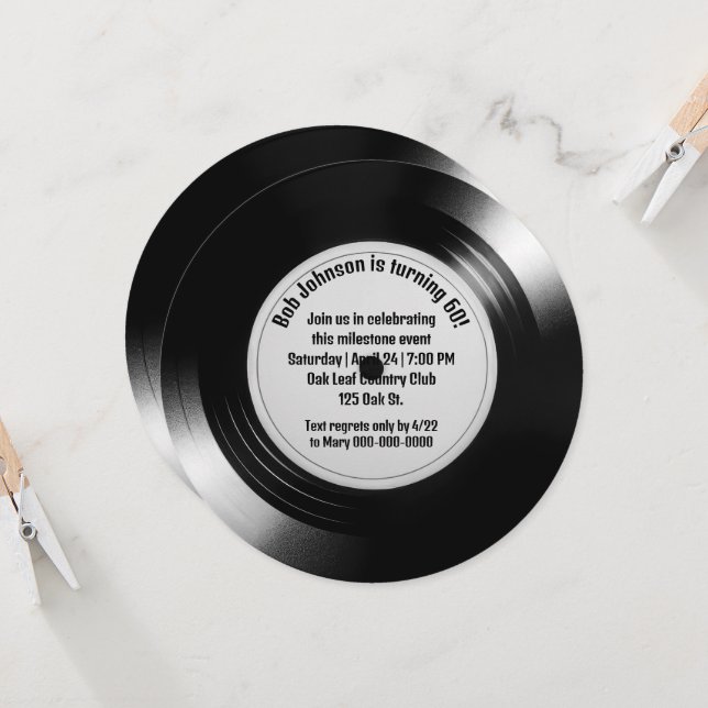Retro Black Vinyl LP Record 60th Birthday Party Invitation (Front/Back In Situ)