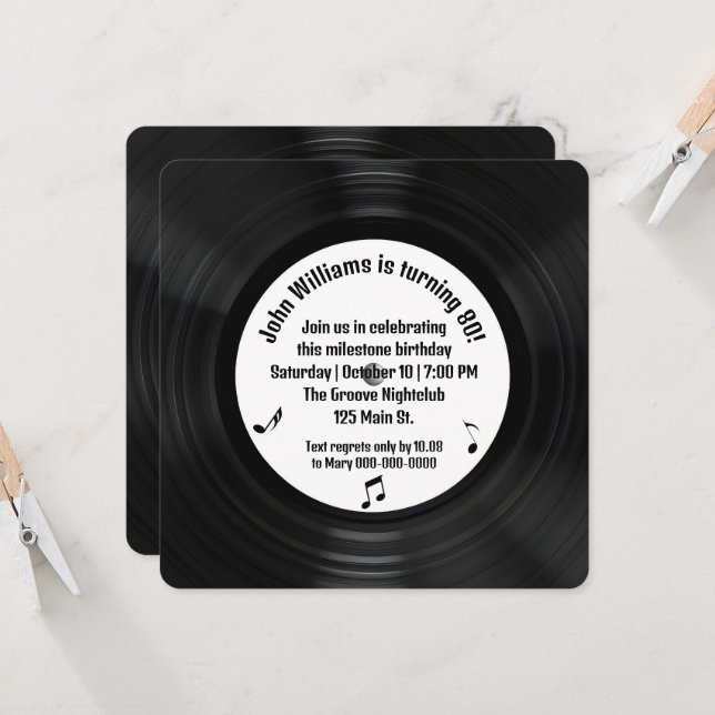 Retro Black Vinyl LP Record 80th Birthday Party Invitation (Front/Back In Situ)