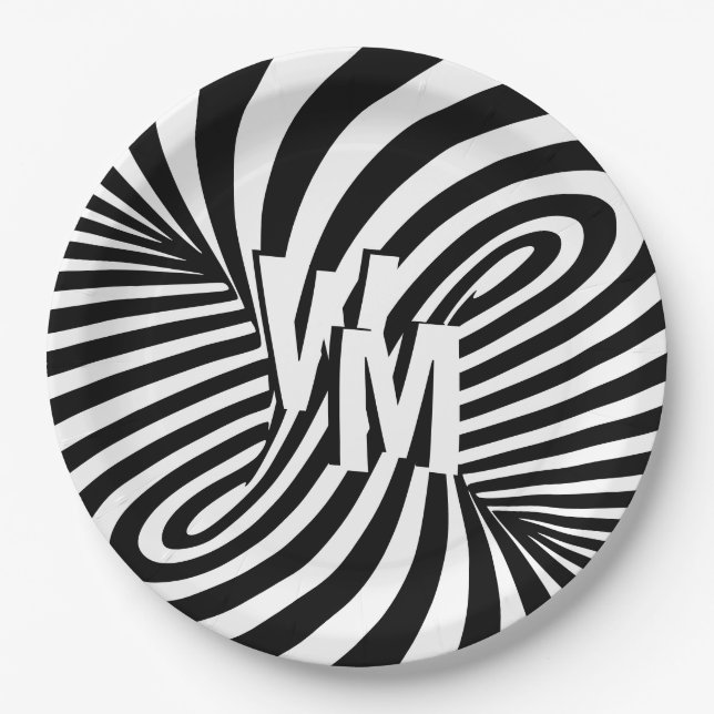 Retro Black White Abstract Zebra Pattern Initials Paper Plate (Front)