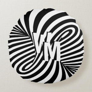 Retro Black White Abstract Zebra Pattern Initials Round Pillow