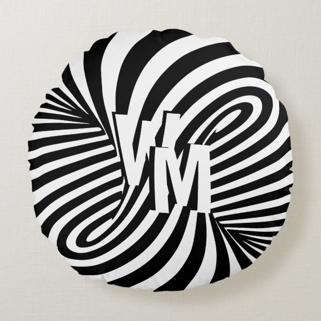 Retro Black White Abstract Zebra Pattern Initials Round Pillow (Front)