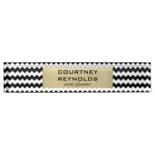 Retro Black White and Beige Chevron Pattern Nameplate