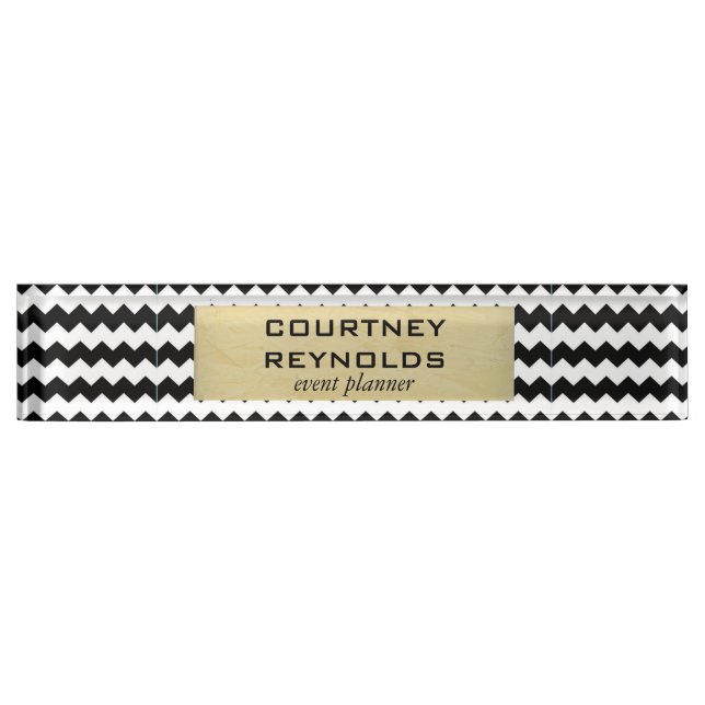 Retro Black White and Beige Chevron Pattern Nameplate (Front)