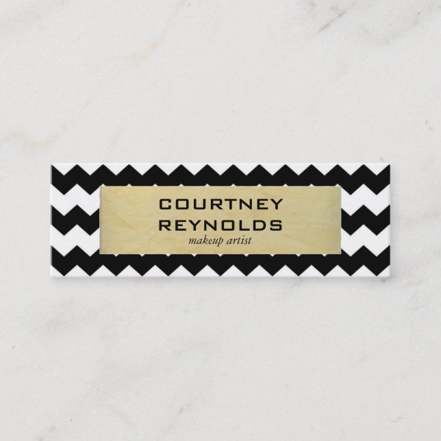 Retro Black White and Beige Chevron Pattern Skinny Mini Business Card (Front)