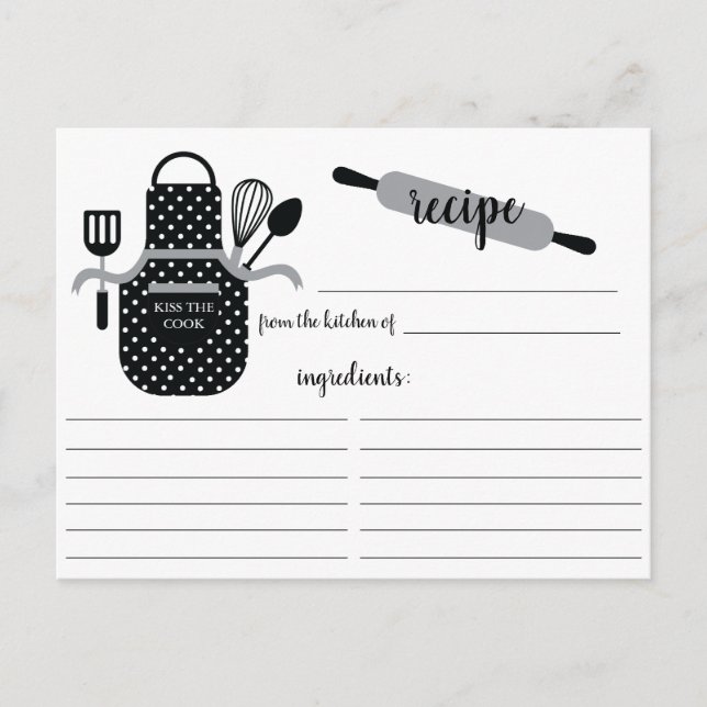 Retro Black White Apron Kitchen Tools Recipe Card (Front)