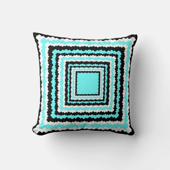 Retro, Black, White & Aqua Rick Rack Design Throw Pillow (Front)