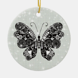 Retro Black & White Butterfly Ceramic Ornament