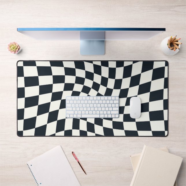 Retro Black White Checked Warped Chequered  Desk Mat (Office 1)