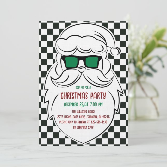 Retro Black White Checkered Santa Claus Christmas  Invitation (Standing Front)