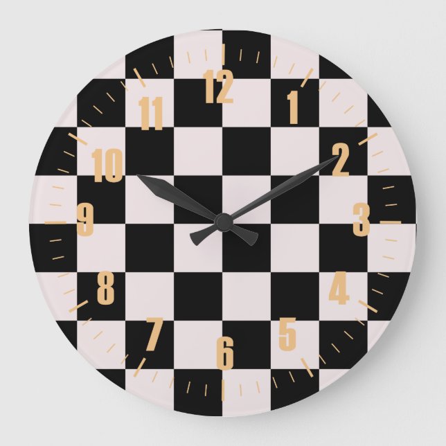 Retro Black White Checks Chequerboard Pattern   Large Clock (Front)