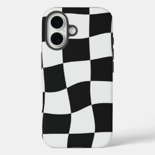 Retro Black & White Checks Warped Chequerboard iPhone 16 Case