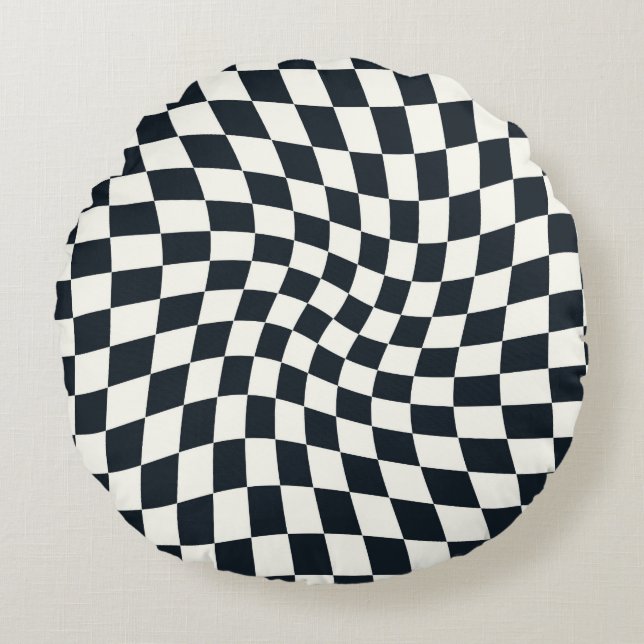 Retro Black White Checks Warped Chequered Dorm   Round Pillow (Front)