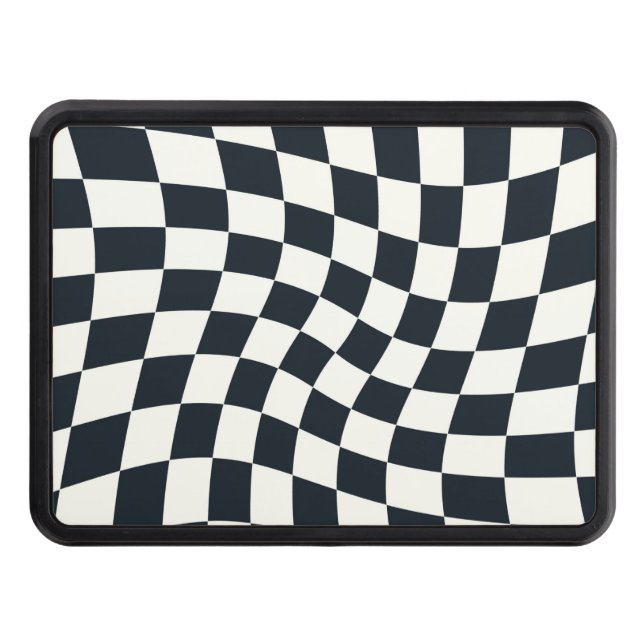 Retro Black White Checks Warped Chequered  Trailer Hitch Cover (Front)
