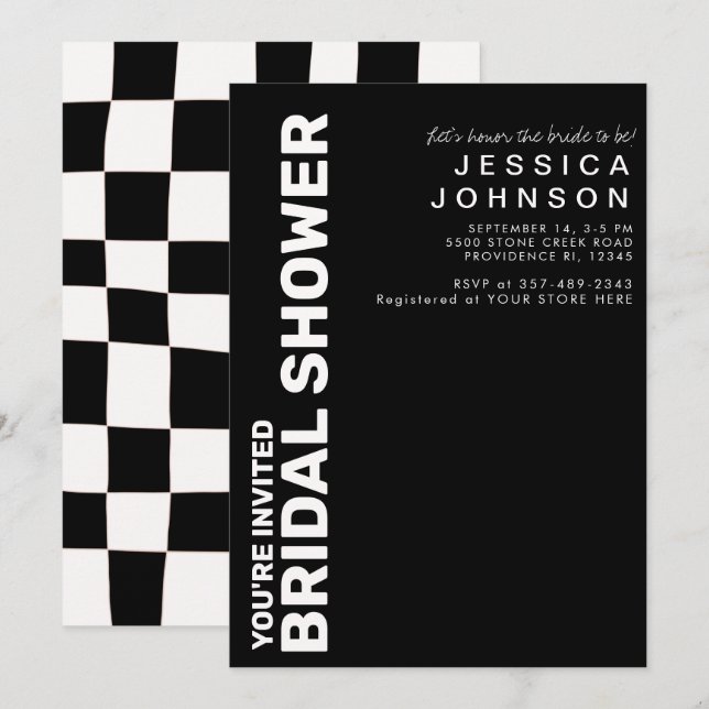 Retro Black White Chequerboard Bridal Shower  Invitation (Front/Back)