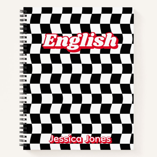 Retro Black White Chequerboard School Subject Notebook (Front)