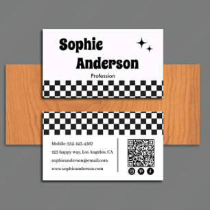 Retro Black & White Chequerboard with QR Code Business Card