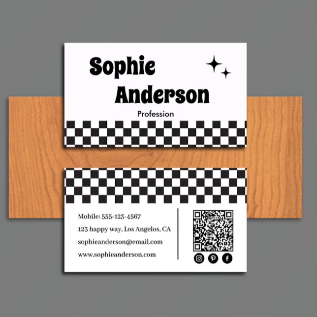 Retro Black & White Chequerboard with QR Code Business Card (Creator Uploaded)
