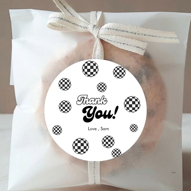 Retro Black & White Chequered Thankyou Birthday   Classic Round Sticker (Creator Uploaded)