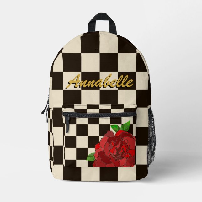 Retro Black & White Chessboard Check Red Rose Printed Backpack (Front)