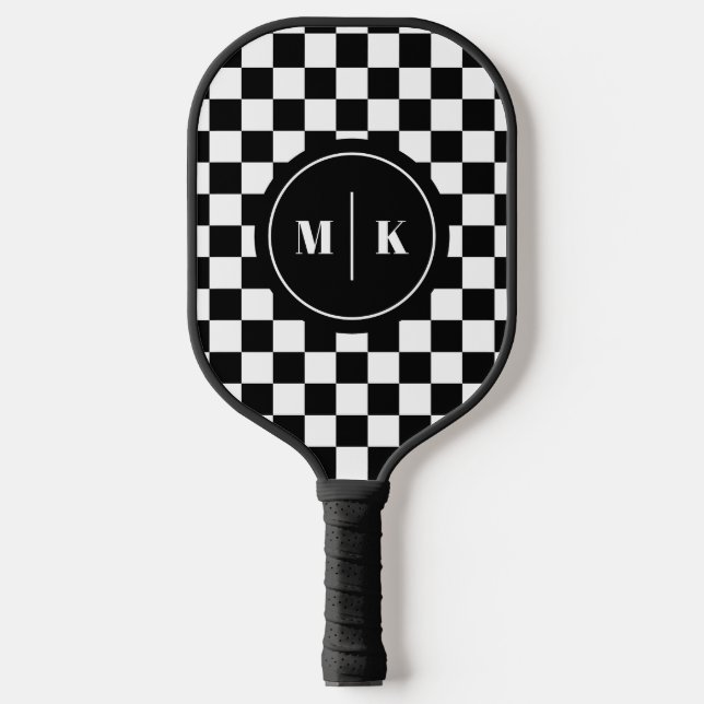 Retro Black White Contrast Chequerboard Pattern Pickleball Paddle (Front)