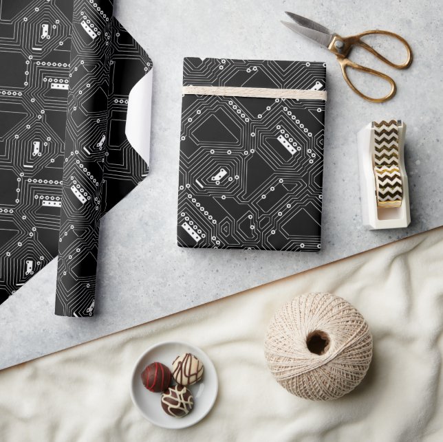 Retro Black White Cool Computer Circuit Board Wrapping Paper (Crafts)