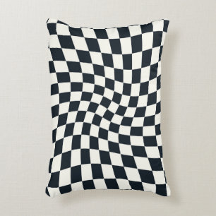 Retro Black White Dorm Warped Check Chequered Accent Pillow