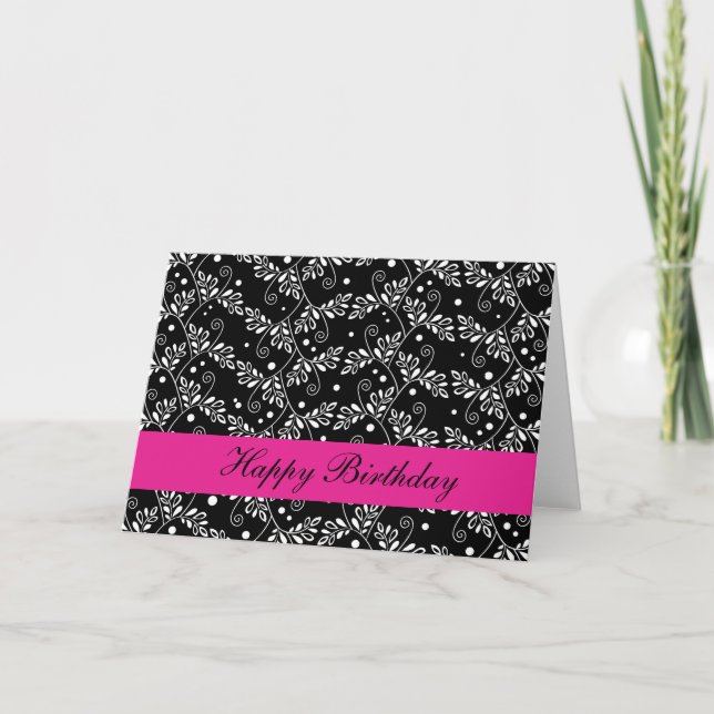 Retro black white floral Birthday Card (Front)