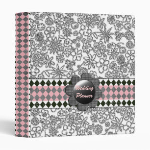 Retro Black White Floral Checked Customizable Binder