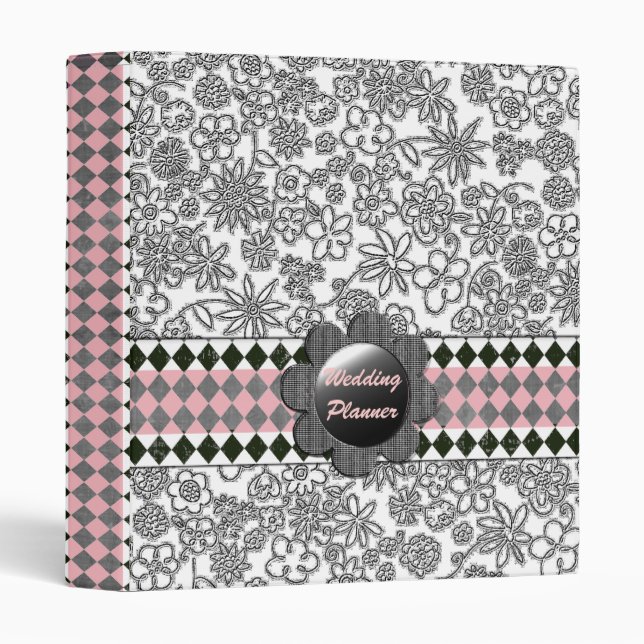 Retro Black White Floral Checked Customizable Binder (Front/Spine)