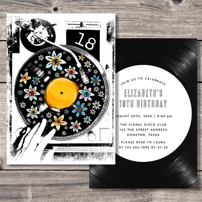 Retro Black White Floral Turntable Birthday Custom Invitation (Creator Uploaded)