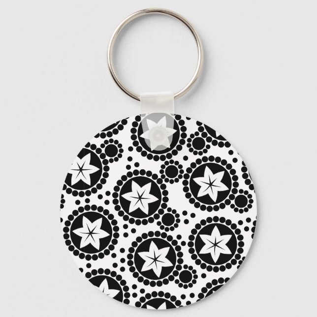 Retro Black White Flower Dot Geometric Pattern Keychain (Front)
