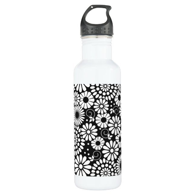 Retro black white flowers 710 ml water bottle (Front)