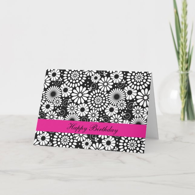 Retro black white flowers Birthday Card (Front)